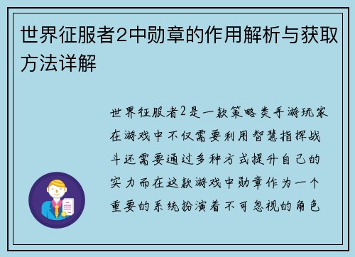 世界征服者2中勋章的作用解析与获取方法详解
