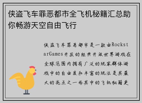 侠盗飞车罪恶都市全飞机秘籍汇总助你畅游天空自由飞行