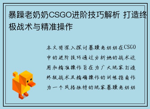 暴躁老奶奶CSGO进阶技巧解析 打造终极战术与精准操作